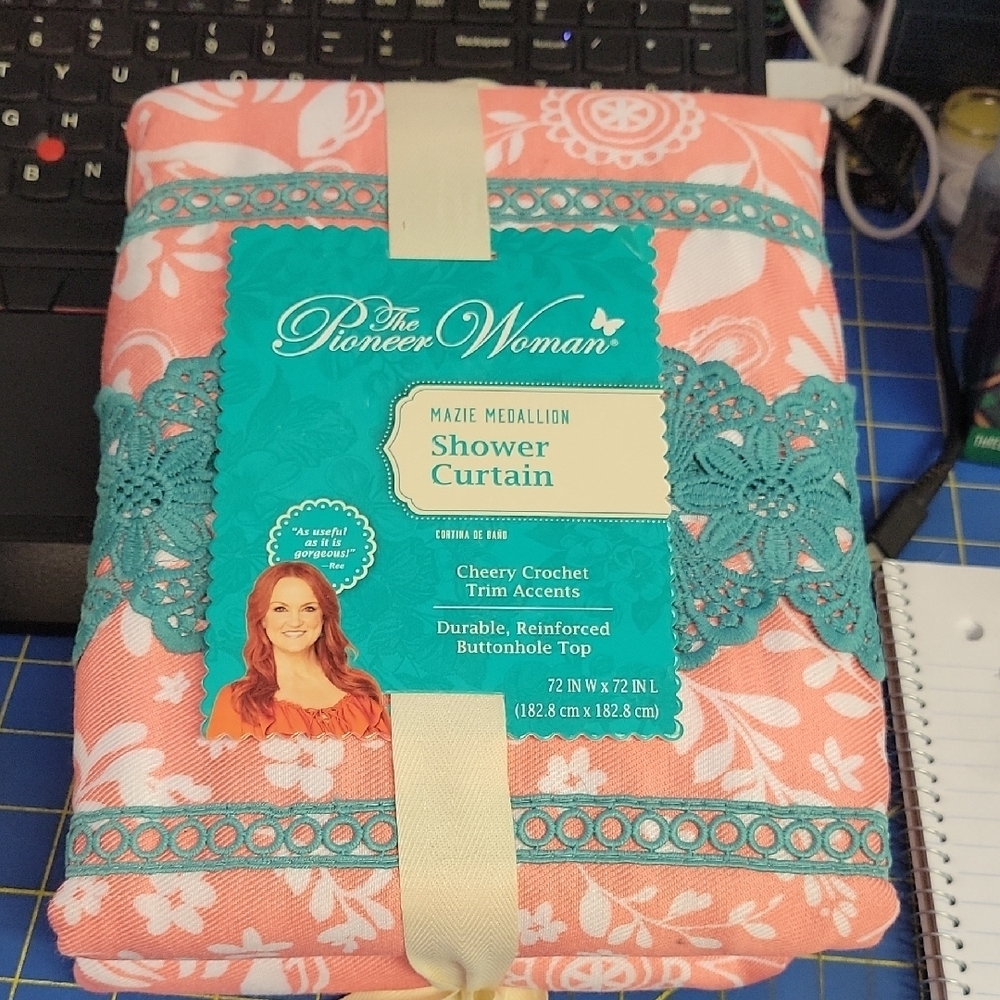 The Pioneer Woman Coral Teal Shower Curtain 72" x 72" Mazie Medallion New